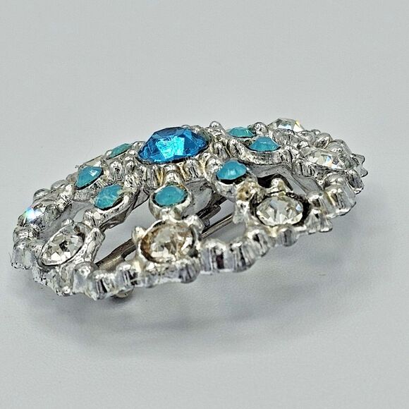 Ice Blue Brooch Vintage Round Jeweled Statement Open Circle  Estate Jewelry Pin - Picture 6 of 8